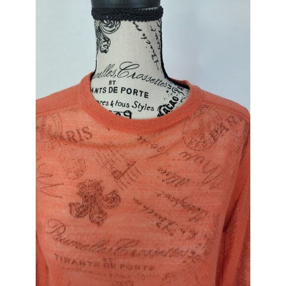 A.L.C Long Sleeves Sheer Top S/M Delicate Knit Crew Neck Orange - Picture 2 of 9